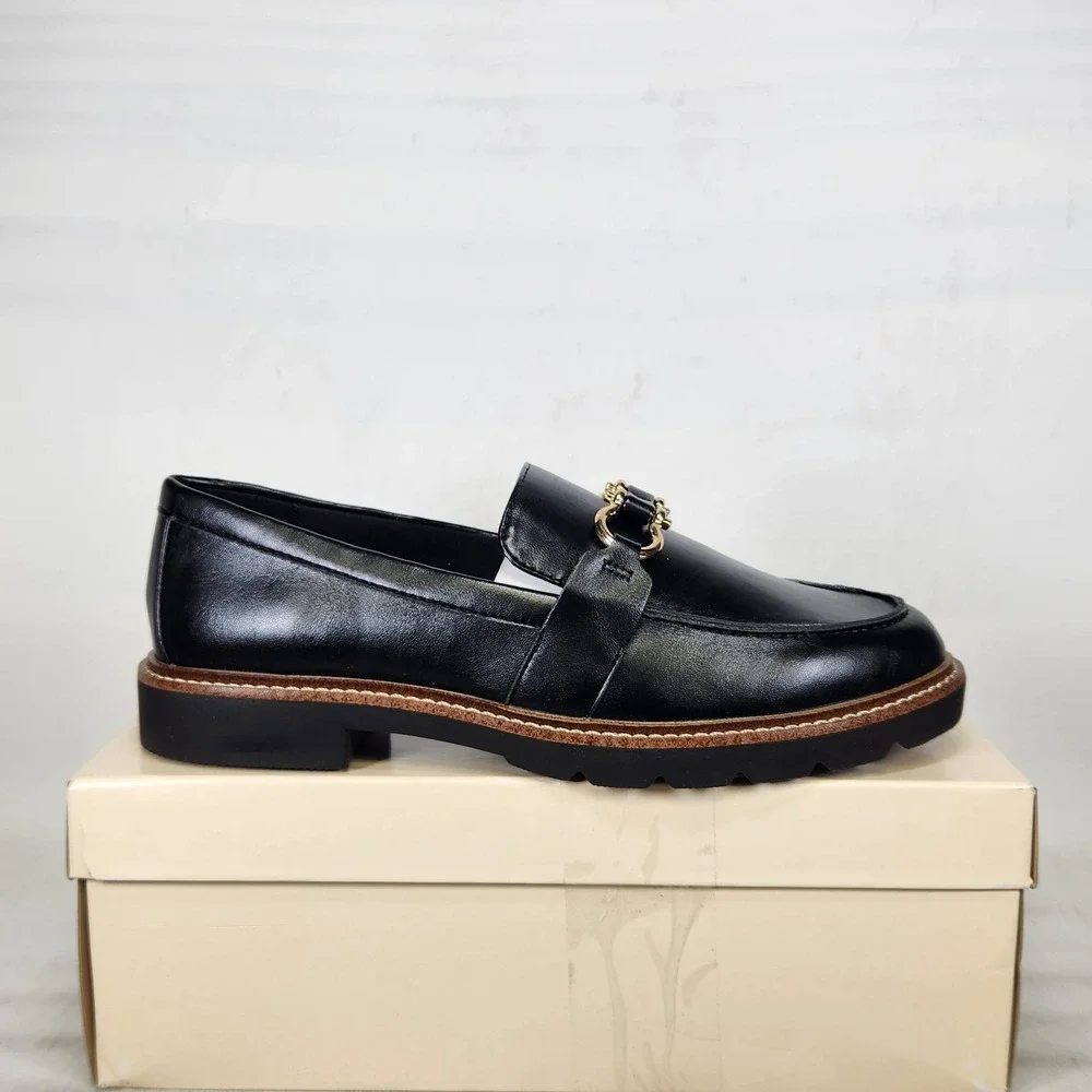 Anne Klein Ezra Loafers Women Size 8.5 Black Smooth Gold Bit Lug Sole